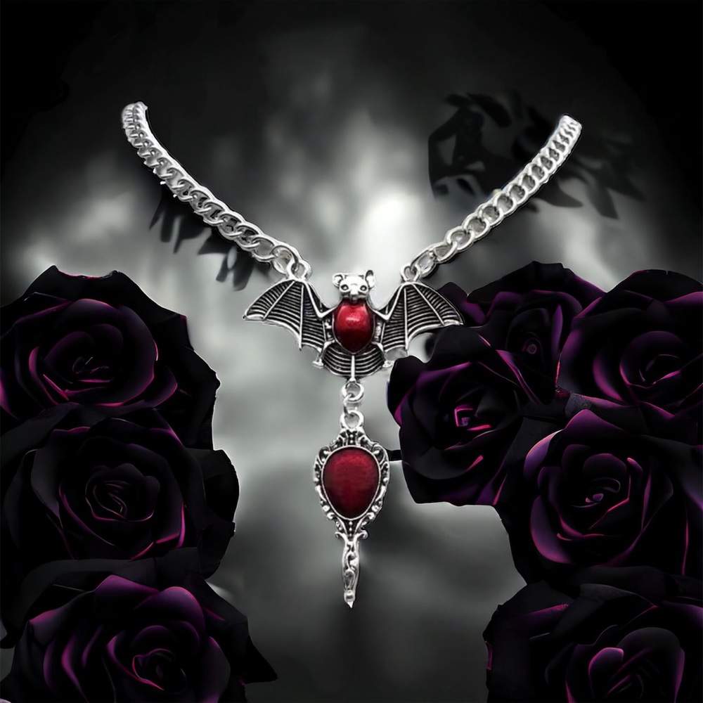 Gothic Party Style Special Bat‎ Red Mirror Pendant Zinc Alloy Necklace
